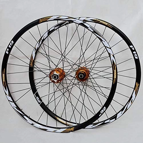 Mountain Bike Wheel : MTB Bicycle Wheelset 26 27.5 29 In Mountain Bike Wheel Set Double Layer Alloy Rim Quick Release 7-11 Speed Cassette Hub Disc Brake (Color : Gold Hub gold logo, Size : 29IN)