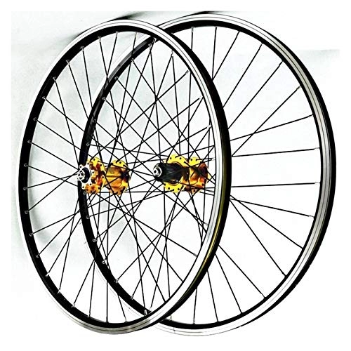 Mountain Bike Wheel : MTB Bicycle Wheelset 26" For Mountain Bike Wheels Double Wall Alloy Rim Disc / V Brake 7-11 Speed Ultralight Hub QR 32H Sealed Bearing (Color : Gold hub)