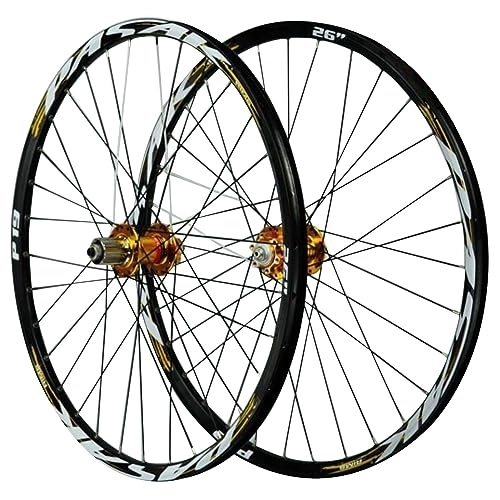 Mountain Bike Wheel : MYKINY 26 / 27.5 / 29in Disc Mountain Bike Wheels, 32 Holes Spokes Double Wall Rim Aluminum Alloy Bike Wheels Quick Release 7 / 8 / 9 / 10 / 11 Speed Wheel (Color : Gold, Size : 26inch)