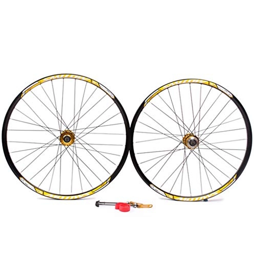 Mountain Bike Wheel : MZPWJD Bicycle Wheel 26 Inch MTB Bike Wheelset Disc Brake Double Wall Rims QR Ball Bearing For Cassette Hub 8-11 Speed (Color : Gold)