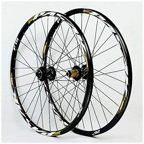 Mountain Bike Wheel : MZPWJD MTB Bicycle Wheelset 26 27.5 29 Inch Bike Wheel Double Wall Alloy Rim Cassette Hub Sealed Bearing Disc Brake QR 7-11 Speed (Color : B-Gold, Size : 26in)