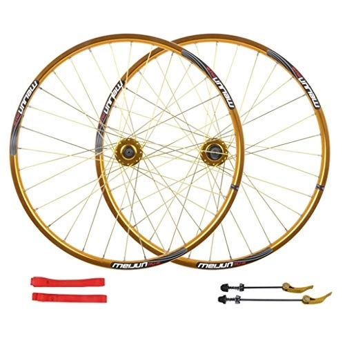 Mountain Bike Wheel : MZPWJD MTB Bike Wheelset 26 Inch Disc Brake Cycling Wheels Double Wall Alloy Rim QR For Cassette Hub Bicycle 7-10 Speed 32H (Color : Gold)