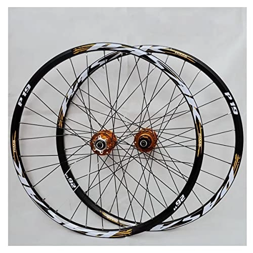 Mountain Bike Wheel : PHOCCO MTB Wheelset 26 / 27.5 / 29'' Disc Brake Mountain Bike Wheel Double Layer Alloy Rim Sealed Bearing QR 32H Hub For 7 / 8 / 9 / 10 / 11 Speed Cassette (Color : Gold, Size : 26in)