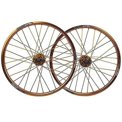 Mountain Bike Wheel : Puozult 20 Inch 406 Disc Brake Bike Wheelset 32 Holes MTB Bicycle Wheelset Front Wheel Rear Wheel For 7 8 9 10 Cassette Speed Aluminum Alloy Rim (Color : Gold)