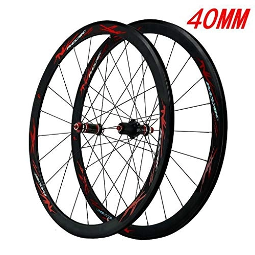 Mountain Bike Wheel : Road Bike Wheelset 700C, V-Brake Racing Bicycle 40MM Carbon Fiber Cycling Wheels Hybrid / Mountain 24 Hole 7 / 8 / 9 / 10 / 11 Speed (Color : Red, Size : 700C)