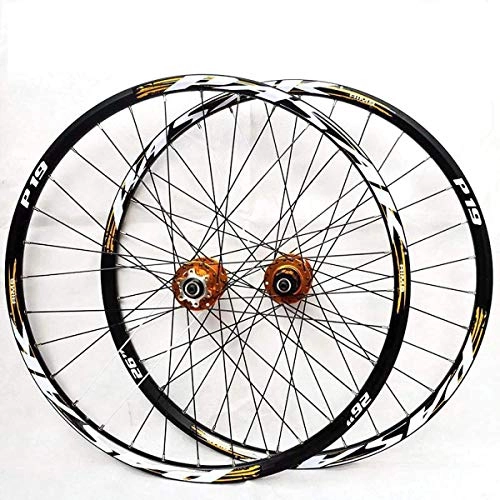 Mountain Bike Wheel : Wheels Bicycle Wheelset, Mountain Bike Wheels, 26 / 27.5 / 29 Inch Bicycle Wheelset Front Rear Wheelset Double-Walled MTB Rim Fast Release Disc Brake, 7-11 speed, 32Holes, yellow ( Color : 29 )