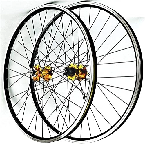 Mountain Bike Wheel : Wheelset 26 27.5 29" MTB Bicycle Wheelset, Bike Wheels Double Wall Alloy Rim Disc / V Brake 7-11 Speed Ultralight Hub QR 32H Sealed Bearing road Wheel (Color : Gold Hub, Size : 26inch)