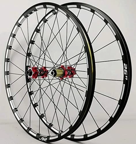 Mountain Bike Wheel : Wheelset 26 27.5 29In MTB Bike Wheelset, CNC Rim Thru Axle Bicycle Front Rear Wheel Disc Brake Cycling Wheels Sealed Bearing Hub 7-11 Speed road Wheel (Color : Red Hub, Size : 26inch)