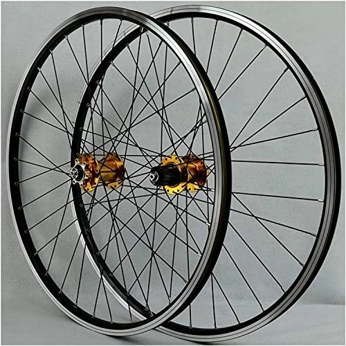 Mountain Bike Wheel : Wheelset 26Inch MTB Wheelset, Aluminum Alloy QR Double Wall Disc / V-Brake Cycling Bicycle Wheels 32 Hole Rim 7 / 8 / 9 / 10 / 11 Speed Cassette road Wheel (Color : Yellow Hub, Size : 26inch)