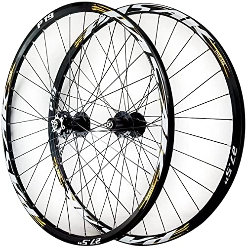 Mountain Bike Wheel : Wheelset Bicycle Wheelset 26 / 27.5 / 29In, 32H MTB Double Wall Alloy Rims Disc Brake QR Cassette Fiywheel Hubs Sealed Bearing 7-11 Speed road Wheel (Color : Gold-a, Size : 27.5inch)