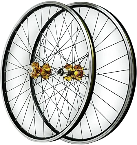 Mountain Bike Wheel : Wheelset MTB Bike Wheel 26 27.5 29In, Disc / V Brake Double Wall Alloy Rims Bicycle Wheelset QR 9mm 6 Pawls 7-11 Speed Cassette 24H road Wheel (Color : Gold Hubs, Size : 27.5inch)