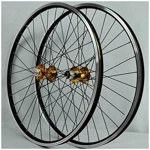 Mountain Bike Wheel : Wheelset MTB Wheelset 26Inch, Bicycle Rim 32 Spoke Bike Front Rear Wheel QR Sealed Bearing Hubs Disc / Rim Brake 7-11speed Cassette road Wheel (Color : Gold hub, Size : 26inch)