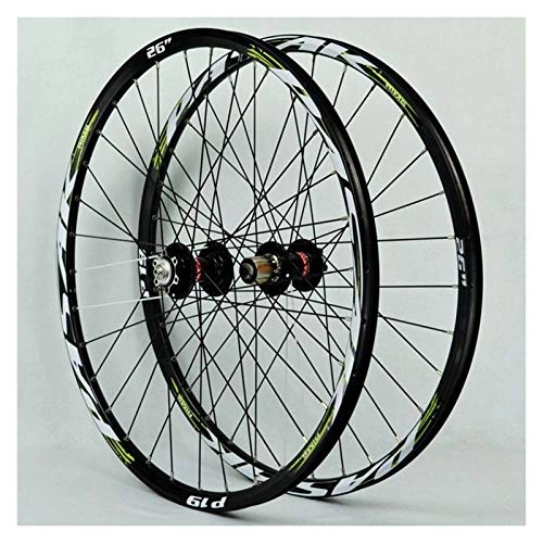 Mountain Bike Wheel : Yuanfang NUE Mountain Bike Wheelset 26 / 27.5 / 29 Inch Aluminum Alloy Rim Disc Brake Quick Release Cassette Freewheel NOVATEC Black Hub+Green Sign(Front+Rear Wheel) CN (Size : 26")