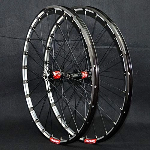 Mountain Bike Wheel : Zatnec 26'' 27.5'' Mountain Bicycle Wheels Set Front Rear Bike Wheelset Double Wall Rim 24 Holes Quick Release Disc Brake For 7 / 8 / 9 / 10 / 11 / 12 Speed (Color : Black red hub, Size : 26inch)