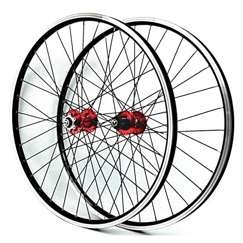 Mountain Bike Wheel : Zatnec 26 Inch Bicycle Wheelset Disc Brake V Brake Mountain Bike Wheels Cycling Front 2 Rear 4 Bearing Quick Release 7 8 9 10 11 Card Flywheel (Color : Red hub)