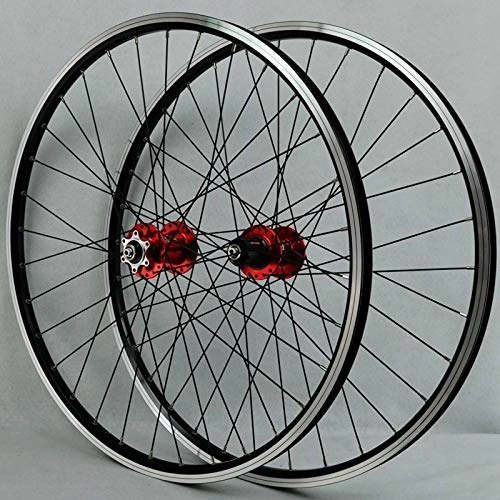 Mountain Bike Wheel : Zatnec 26 Inch Mountain Bike Wheelset Double Wall Aluminum Alloy Disc / V-Brake Cycling Bicycle Wheels Front 2 Rear 4 Palin 32 Hole 7-11 Speed Freewheel (Color : Red hub)