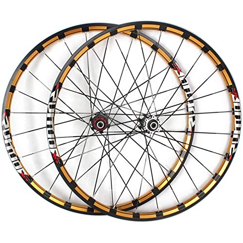Mountain Bike Wheel : Zatnec Mountain Bike Wheelset 26 / 27.5 Inch Cycling Wheels Disc Brake QR Double-layer Alloy Rim High-strength Ultra-light 8, 9, 10 Cassette Flywheel (Color : Gold hub gold logo, Size : 26inch)