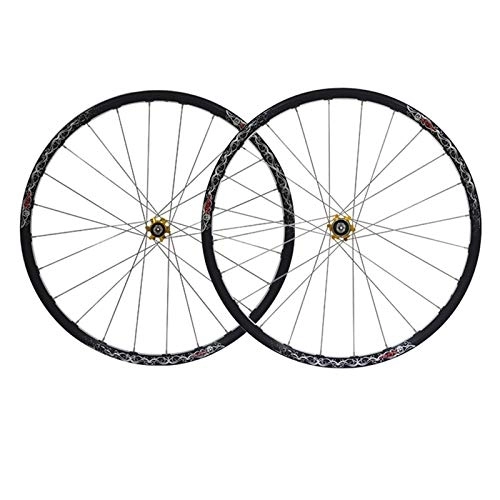 Mountain Bike Wheel : ZCXBHD 26 Inch Mountain Bike Wheel Set Sealed Bearing Aluminum Alloy Double Wall Disc Brake Ring 7 8 9 Speed Quick Release 24 Holes (Color : Gold hub)