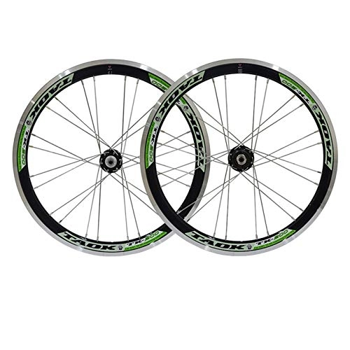Mountain Bike Wheel : ZCXBHD Folding Mountain Bike Wheelset 20 Inch Bicycle Front Rear Wheels Aluminum Alloy Double Wall V Brake Quick Release 7 8 9 Speed (Color : Green)