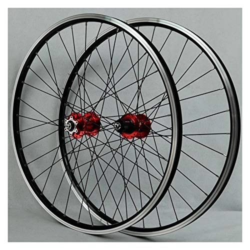 Mountain Bike Wheel : ZCXBHD Mtb Wheelset 26 Inch, Double Wall Aluminum Alloy QR Disc / V-Brake Cycling Bicycle Wheels 32 Hole Rim 7 / 8 / 9 / 10 / 11 Speed Cassette (Color : Red hub)