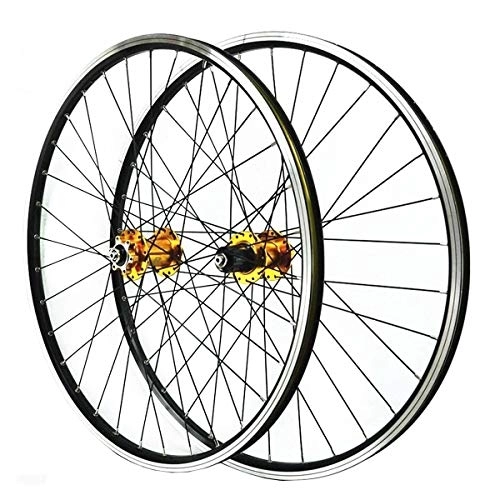 Mountain Bike Wheel : ZFF 26 Inch Mountain Bike Wheelset Disc / V Brake Mtb Front & Rear Wheel Sealed Bearing 7 8 9 10 11 Speed Cassette Quick Release (Color : Gold hub)