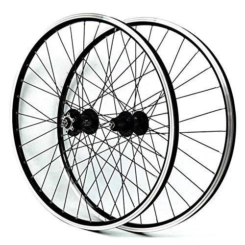Mountain Bike Wheel : ZNND 26 Inch Mountain Bike Wheelset Double Wall Aluminum Alloy Disc / V-Brake Cycling Bicycle Wheels Front 2 Rear 4 Palin 32 Hole 7-11 Speed Freewheel (Color : Black hub)
