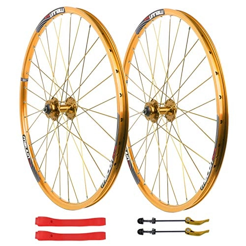 Mountain Bike Wheel : ZNND Bike Wheelset 26 Inch MTB Mountain Bike Cycling Wheels Disc Brake 7 8 9 10 Speed Card Hub Double Wall Alloy Rim Front Rear Wheel Set (Color : Gold)
