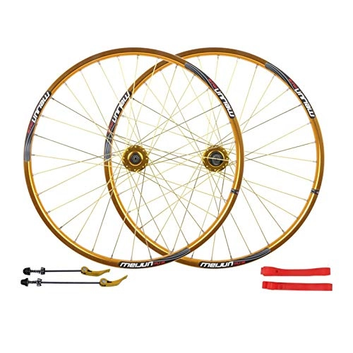 Mountain Bike Wheel : ZNND Bike Wheelset 26", MTB Mountain Bicycle Wheel Front Rear Double Layer Alloy Rim Sealed Bearing Disc Brake 32 Hole 7 8 9 10 Cassette (Color : Gold)