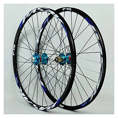 Mountain Bike Wheel : ZNND Mountain Bike Wheelset 27.5 Bicycle Wheel Double Wall Alloy Rim Sealed Bearing MTB 7-11 Speed Cassette Hub Disc Brake QR 32H (Color : Blue)