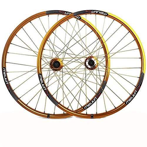 Mountain Bike Wheel : ZYHDDYJ Bicycle Wheelset Bike Wheelset 26 Inch Disc Brake 32 Holes Mountain Cycling Wheels Aluminum Alloy 7-8-9-10 Speed Freewheels Quick Release Cassette Ball Bearing (Color : Gold)