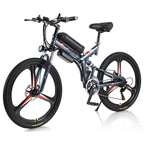 Vélo de montagne électrique pliant : AKEZ Vélo électrique pliable 26" pour adulte - Vélo électrique pliable - Pour homme et femme - Avec batterie 36 V et Shimano 21 vitesses (gris rouge)