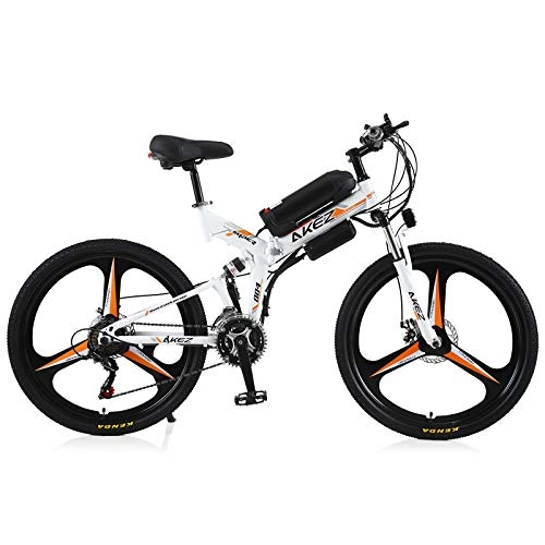 Vélo de montagne électrique pliant : AKEZ Vélo électrique pliable 26" - Pour adultes - 250 W - Vélo électrique Pedelec - Avec batterie 36 V Shimano 21 (blanc / orange)