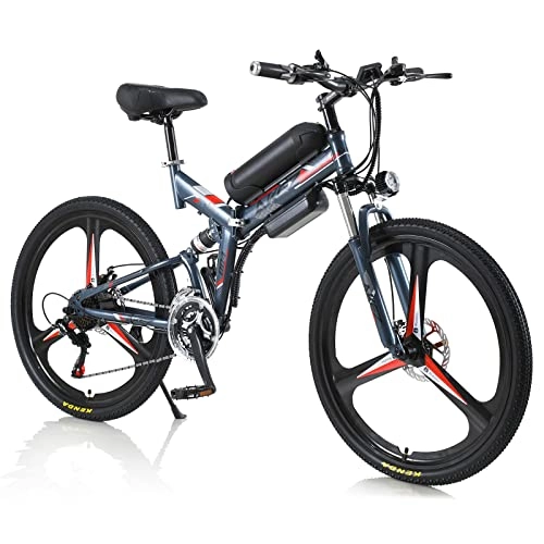 Vélo de montagne électrique pliant : AKEZ Vélo électrique pliable pour homme et femme 26" - Vélo électrique pliable - Vélo électrique - Vélo électrique - Vélo électrique - Avec batterie 36 V et Shimano 21 vitesses (gris rouge)