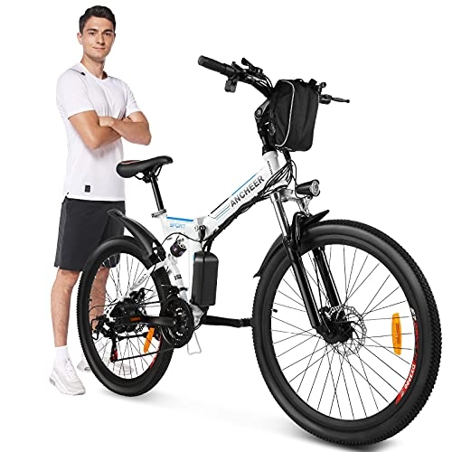 Vélo de montagne électrique pliant : ANCHEER 26" Vélo électrique Pliable VTT électrique e-Bike 36V / 8Ah Batterie au Lithium Amovible / / Siège et poignée réglables / Charge maximale:120kg (Blanc)