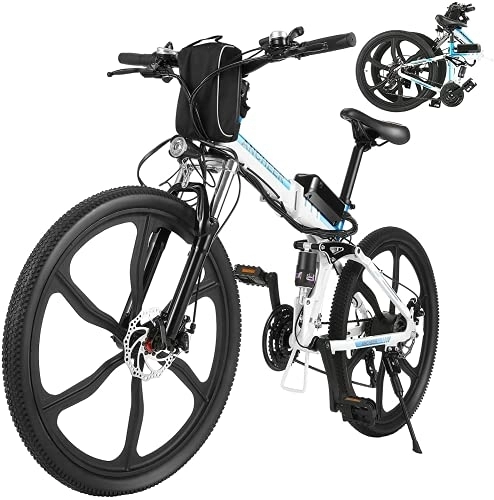Vélo de montagne électrique pliant : ANCHEER Vélo de Montagne Pliant VTT électrique Système de Transmission à 21 Vitesses / Siège réglable / Batterie au Lithium 36V / 8AH / Lumières LED et Haut-parleurs / Charge maximale: 120 kg (Blanc)