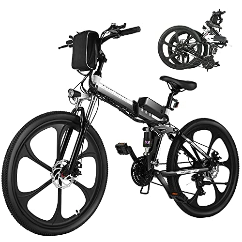 Vélo de montagne électrique pliant : ANCHEER Vélo de Montagne Pliant VTT électrique Système de Transmission à 21 Vitesses / Siège réglable / Batterie au Lithium 36V / 8AH / Lumières LED et Haut-parleurs / Charge maximale: 120 kg (Noir)