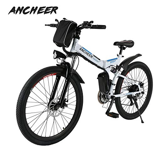 Vélo de montagne électrique pliant : Ancheer Vélo Electrique 26" e-Bike VTT Pliant 36V 250W Batterie au Lithium de Grande Capacité et Le Chargeur Premium Suspendu et Shimano Engrenage (Blanc+Bleu)