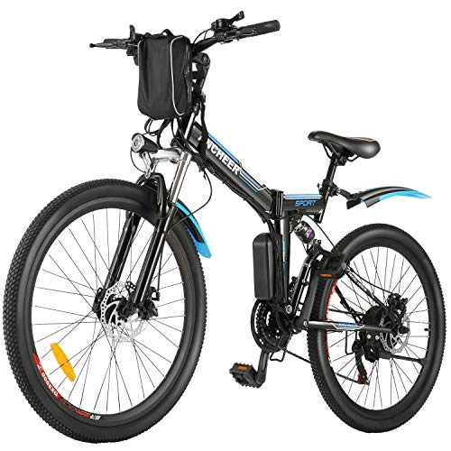Vélo de montagne électrique pliant : ANCHEER Vélo électrique Pliable 26 Pouces avec Batterie Lithium-ION 36V 8Ah, Vélo de Montagne électrique à 21 Vitesses, Suspension Complète, Noir
