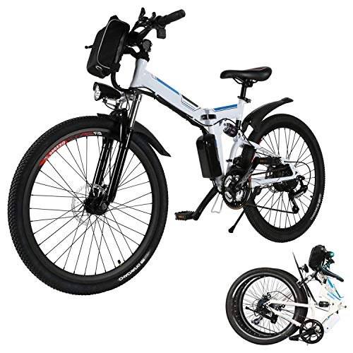 Vélo de montagne électrique pliant : Eloklem Vélo électrique pour vélo de Montagne électrique avec moyeu Shimano 21 Vitesses, 250W, 8AH, Batterie Lithium-ION 36V, 26", vélo de Ville léger (Blanc, 26 Pouces)
