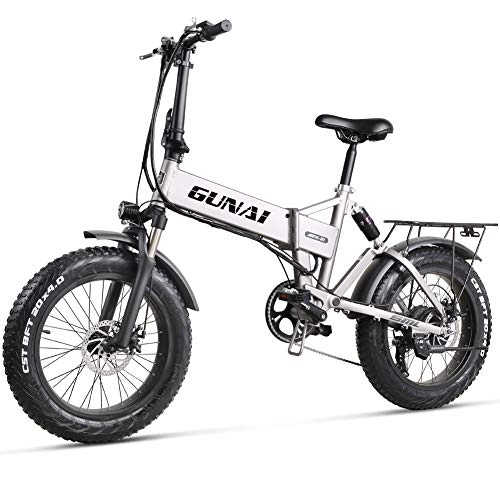Vélo de montagne électrique pliant : GUNAI Vélo électrique Fat Bike 500W-48V-12.8Ah Li-Batterie 20 * 4.0 VTT Cadre en Alliage d'aluminium et écran LCD étanche avec siège arrière(Argent)