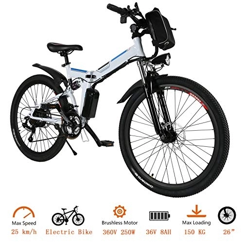 Vélo de montagne électrique pliant : Hiriyt Vélo Electrique 26" E-Bike - VTT Pliant 36V 250W Batterie au Lithium de Grande Capacité - Ville léger Vélo de avec moyeu 21 Vitesses (Blanc, 26 Pouces)