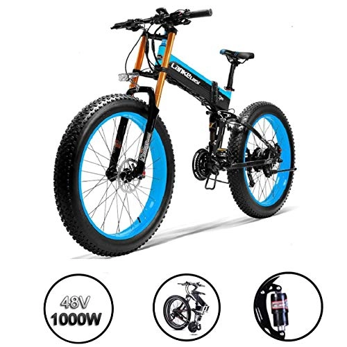 Vélo de montagne électrique pliant : HZWL Mise Niveau 1000W Pliable Fat Tire lectrique Bike- 14.5AH / 48V Batterie Au Lithium VTT Dirtbike 27 Vitesses Vlo lectrique 26 Pouces E-Bike Sport VTT (Bleu) A