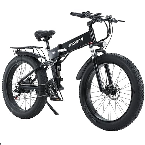 Vélo de montagne électrique pliant : Kinsella JINGHMA R5 Vélo pliant à suspension complète Fat Fat avec batterie au lithium 48V14ah intégrée, pneus larges CST26* 4.0, Shimano 7 vitesses, système de frein à disque (noir)