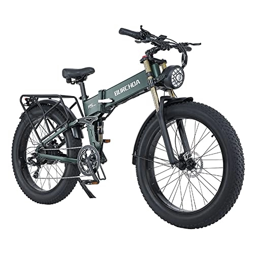 Vélo de montagne électrique pliant : Kinsella Nouveau vélo électrique à capacité de Batterie Accrue, Batterie 48V16AH, vélo électrique 26 * 4.0 Fat Tire, vélo électrique Tout-Terrain Shimano 8 Vitesses (Vert foncé)