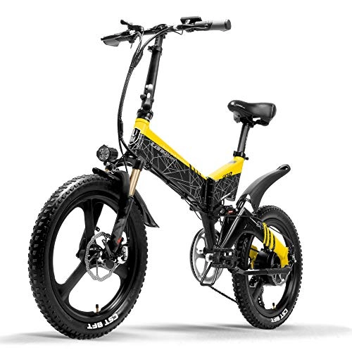 Vélo de montagne électrique pliant : LANKELEISI G650 Vélo Électrique 20 Pouce Vélo De Montagne Pliant E-vélo 400W 48V Batterie Au Lithium 7 Vitesse Pédale Assist Vélo Suspension Complète (Yellow, 14.5Ah)