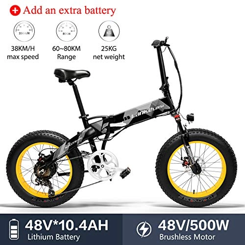 Vélo de montagne électrique pliant : LANKELEISI X2000 20 x 4, 0 Pouces Gros Pneu 48V 500W 10.4AH Fat Tire Cadre en Alliage d'aluminium vélo électrique Pliable pour Adulte Femme / Homme pour Montagne / Plage / Neige (Jaune + 1 Extra Batterie)