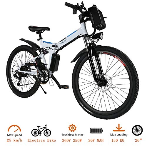 Vélo de montagne électrique pliant : Oppikle Vlo Electrique 26" E-Bike - VTT Pliant 36V 250W Batterie au Lithium de Grande Capacit - Ville lger Vlo de avec moyeu 21 Vitesses (Blanc)