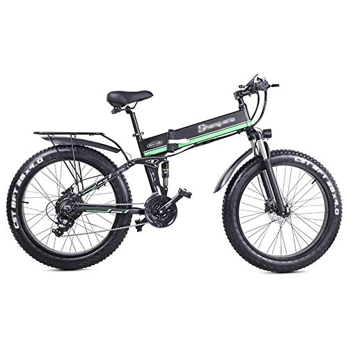Vélo de montagne électrique pliant : Qinmo Mens Mountain Bike, Vélos en Alliage eBikes Tout Terrain, 1000W Fort à Neige électrique vélo, 48V Extra Large Batterie E Bike 21 Speed ​​Fat Bike (Color : Green)