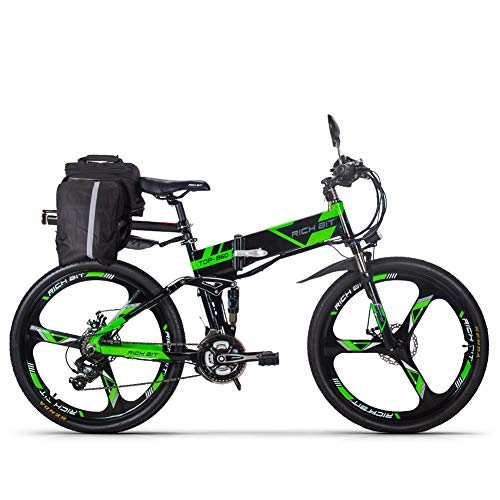 Vélo de montagne électrique pliant : RICH BIT TOP-520 Vélo électrique Adulte, Moteur 250w, 36V*12.8Ah éclairage LED, Pneus 26 Pouces, Conduite Longue Distance 60 km, 3 Modes de Travail, Shimano 21 Vitesse (Vert+Noir)