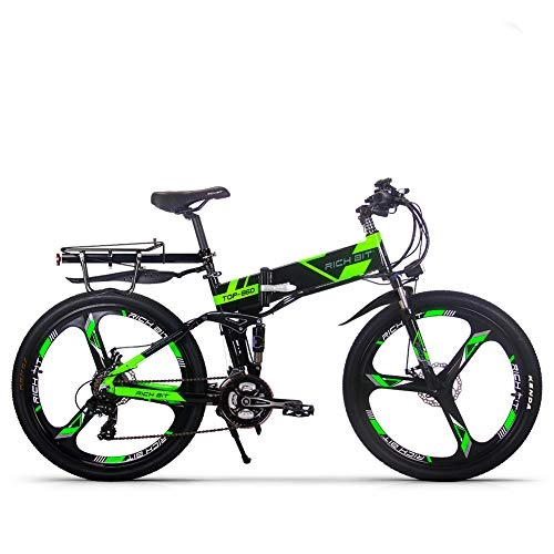 Vélo de montagne électrique pliant : RICH BIT TOP-860 vélo Pliant électrique 26 Pouces 36V 12.8Ah vélo de Ville à Suspension complète Pliable Montagne Ebike VTT vélo Hommes Femmes (Vert)
